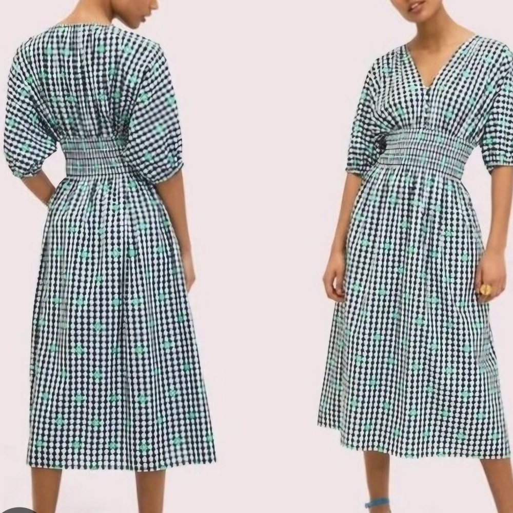 Kate Spade Voile Black and White Checkered Full Dress with Green Accents - Picture 3 of 8